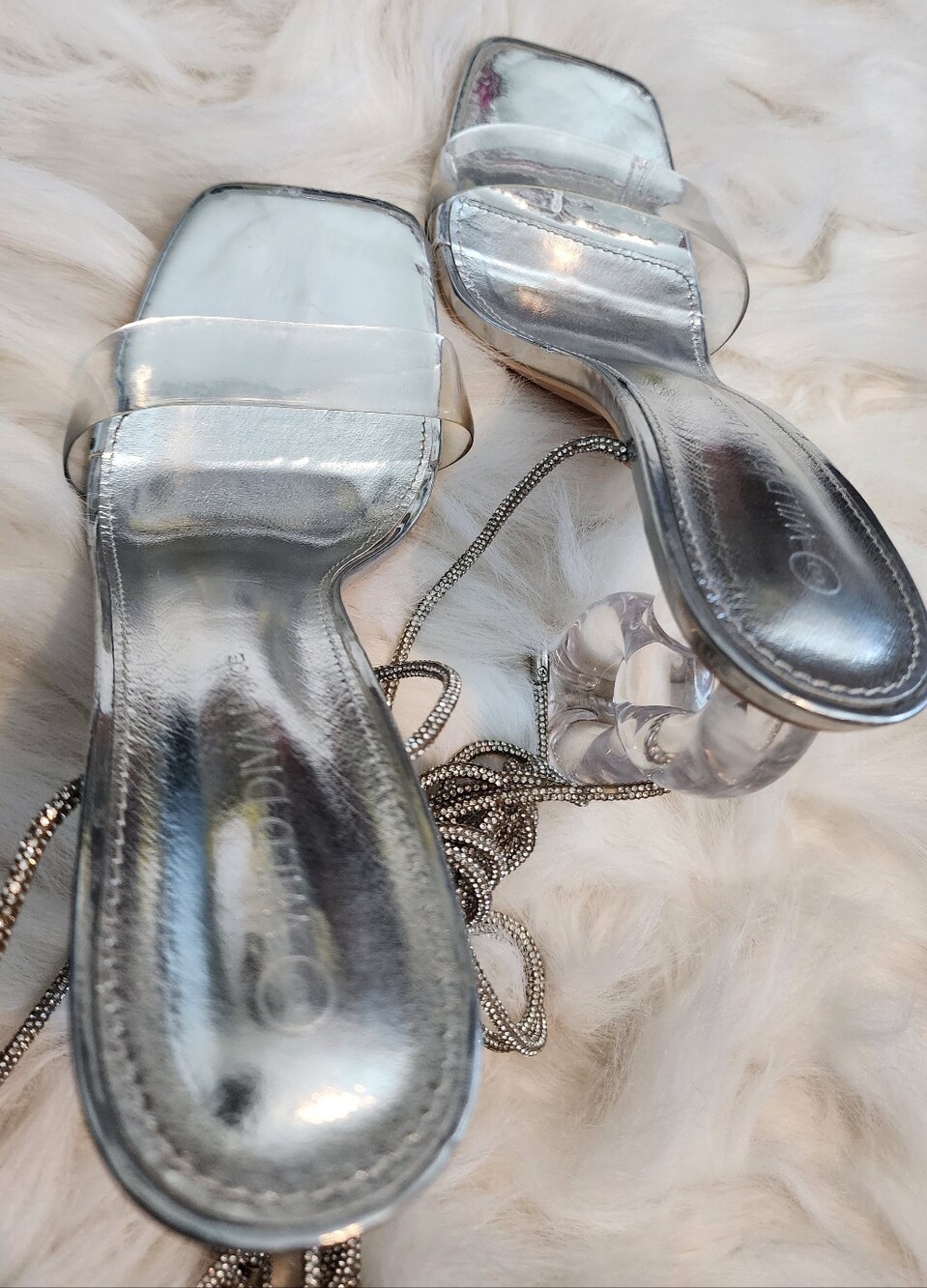 Silver Clear Lucite Rhinestone Lace-Up Block Heel Sandals Size 8